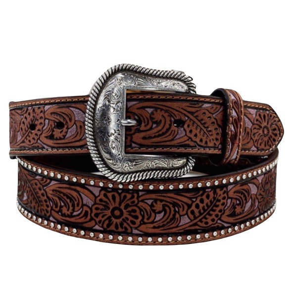 NWOT Nocona floral tooled studded tapered leather Western belt N210004802 sz 32 - Picture 1 of 6
